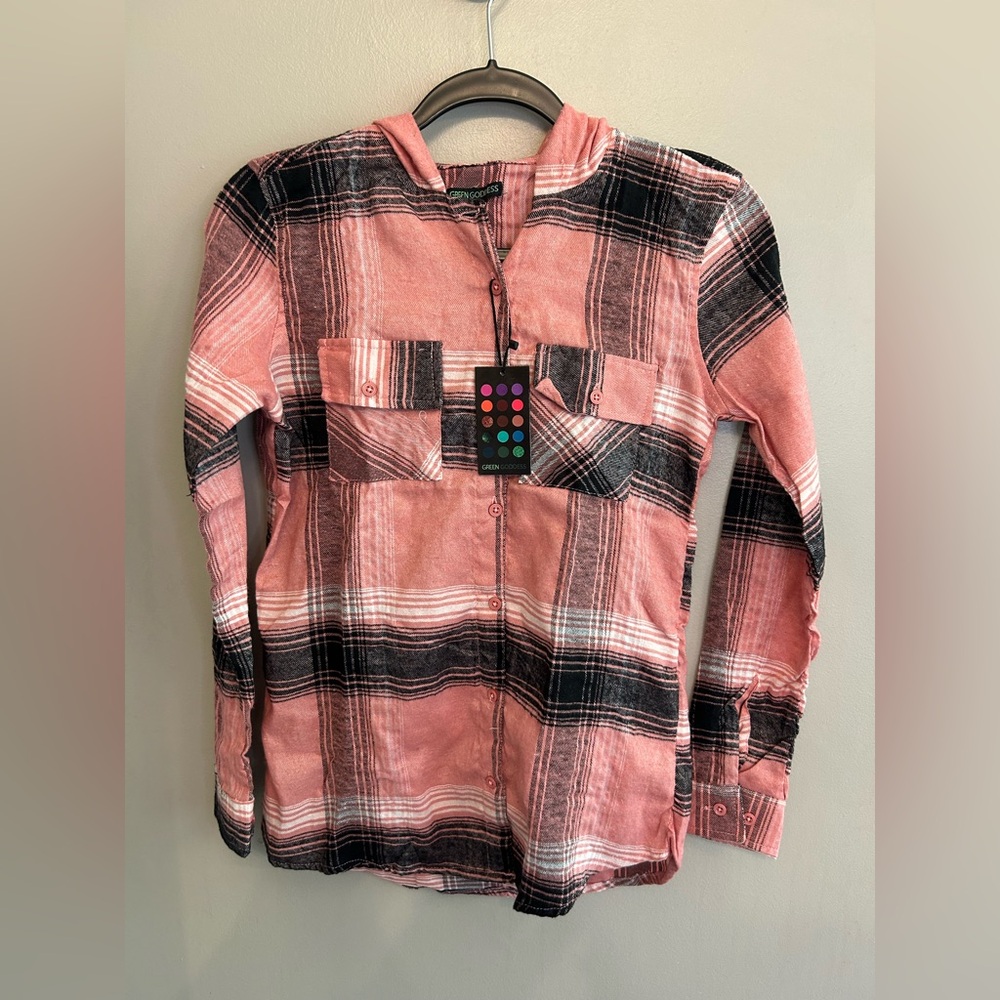 NWT Green Goddess Abbie Coral plaid flannel hoodie top size S